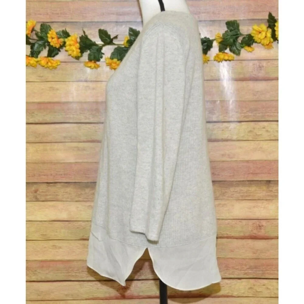 Neiman Marcus Cashmere Collection Neutral Beige Sweater Size L V-Neck Silk Hem - Picture 4 of 9